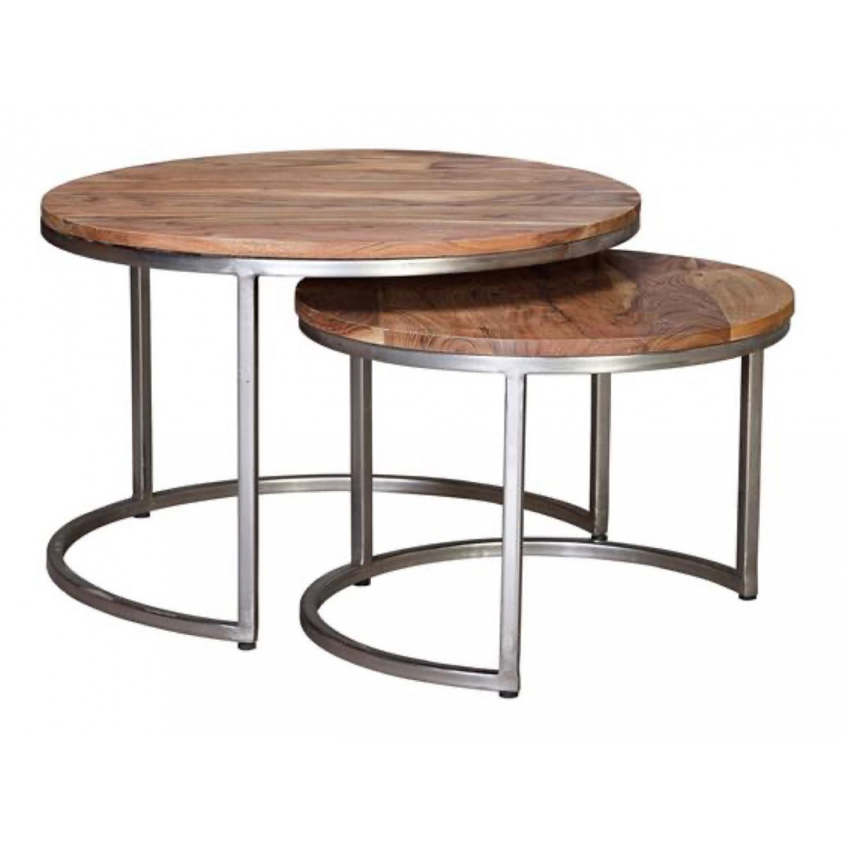 Lot De 2 Tables Basses Bois, Métal Marron 70x70x46cm