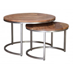 Lot De 2 Tables Basses Bois, Métal Marron 70x70x46cm