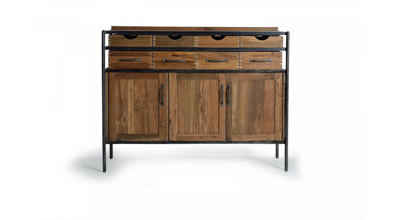 Buffet 8 Tiroirs Bois, Fer Marron 140x40x110cm