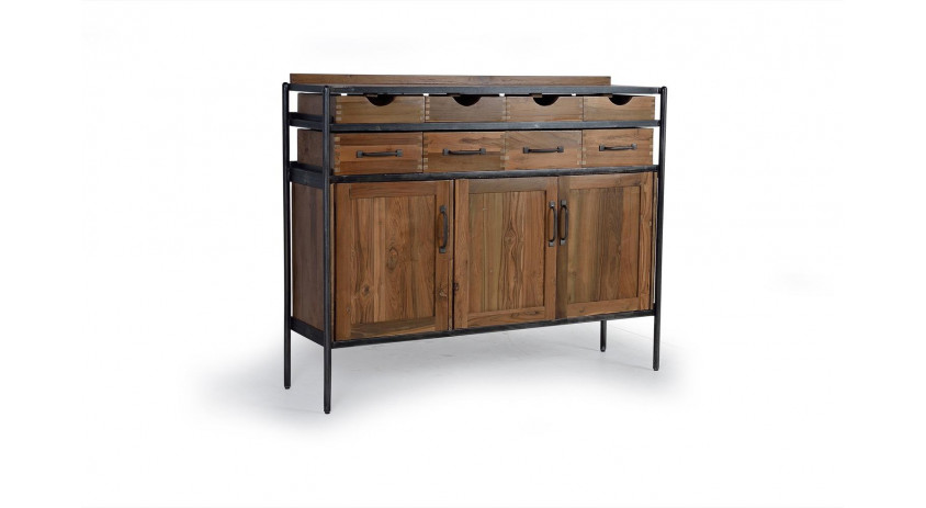 Buffet 8 Tiroirs Bois, Fer Marron 140x40x110cm