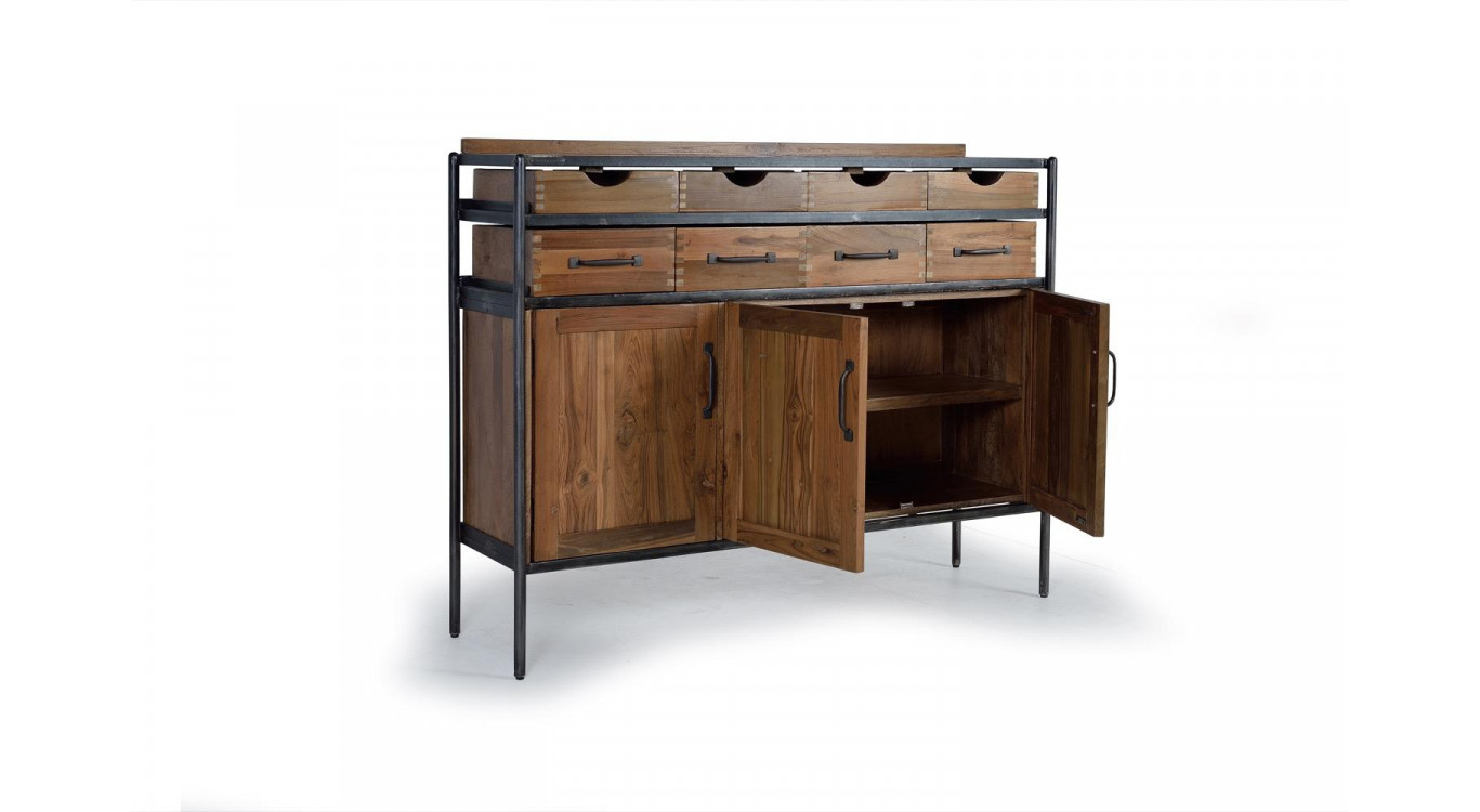 Buffet 8 Tiroirs Bois, Fer Marron 140x40x110cm