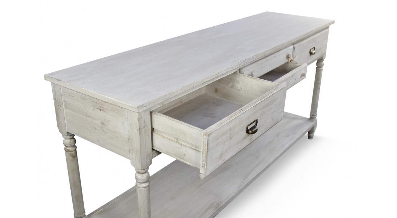 Meuble Console Drapier Bois 4 Tiroirs Cerusé Blanc 183x50x87cm