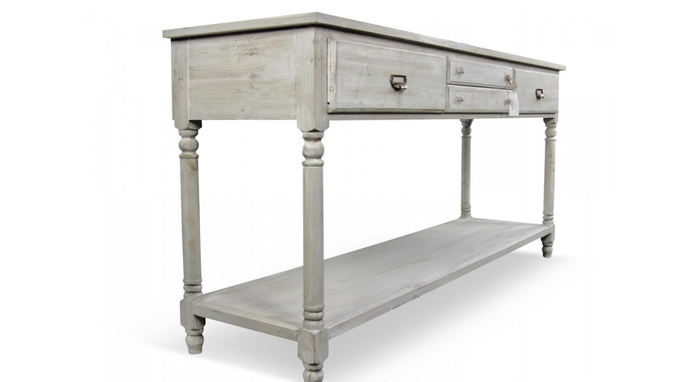 Meuble Console Drapier Bois 4 Tiroirs Cerusé Blanc 183x50x87cm