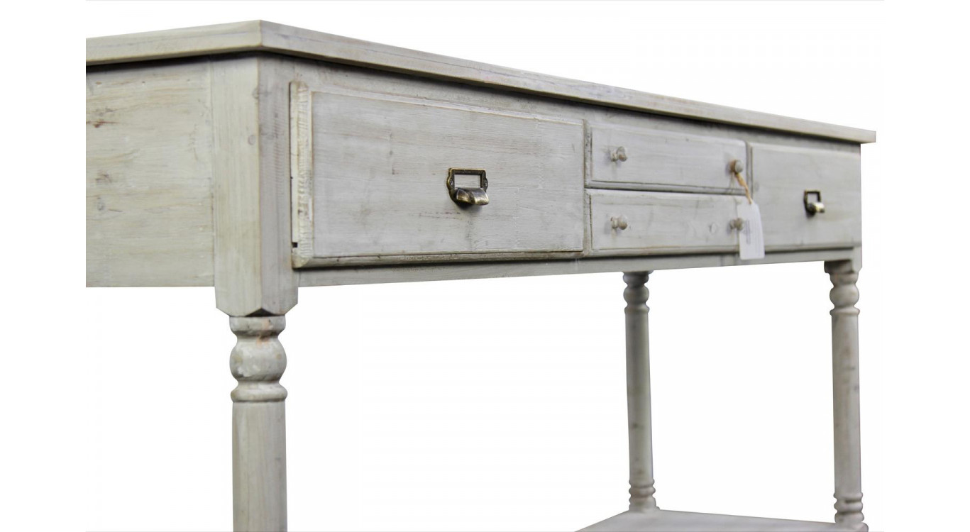 Meuble Console Drapier Bois 4 Tiroirs Cerusé Blanc 183x50x87cm