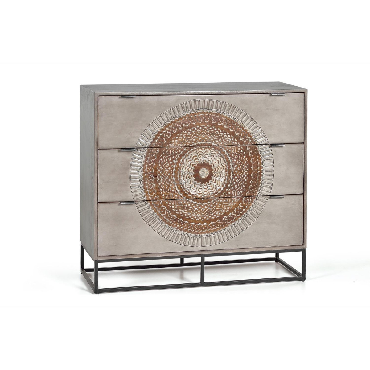 Commode 3 Tiroirs Bois, Fer Gris 100x40x90cm