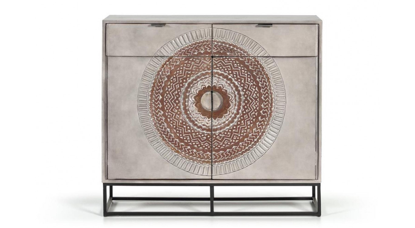 Buffet 2 Tiroirs Bois, Fer Gris 100x32x90cm