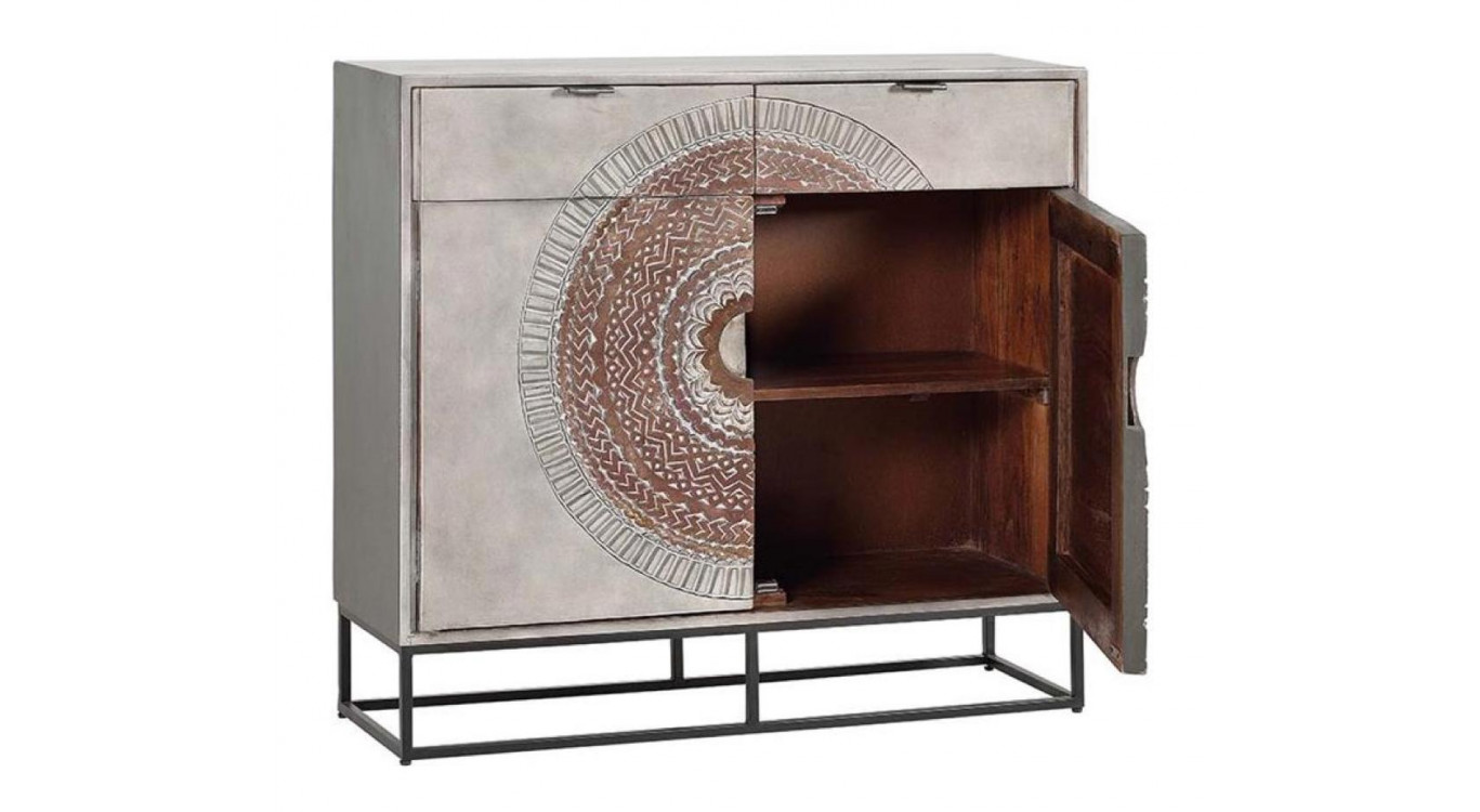 Buffet 2 Tiroirs Bois, Fer Gris 100x32x90cm