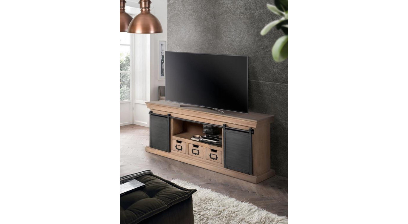 Meuble TV 3 Tiroirs Bois, Fer Marron 150x40x55cm