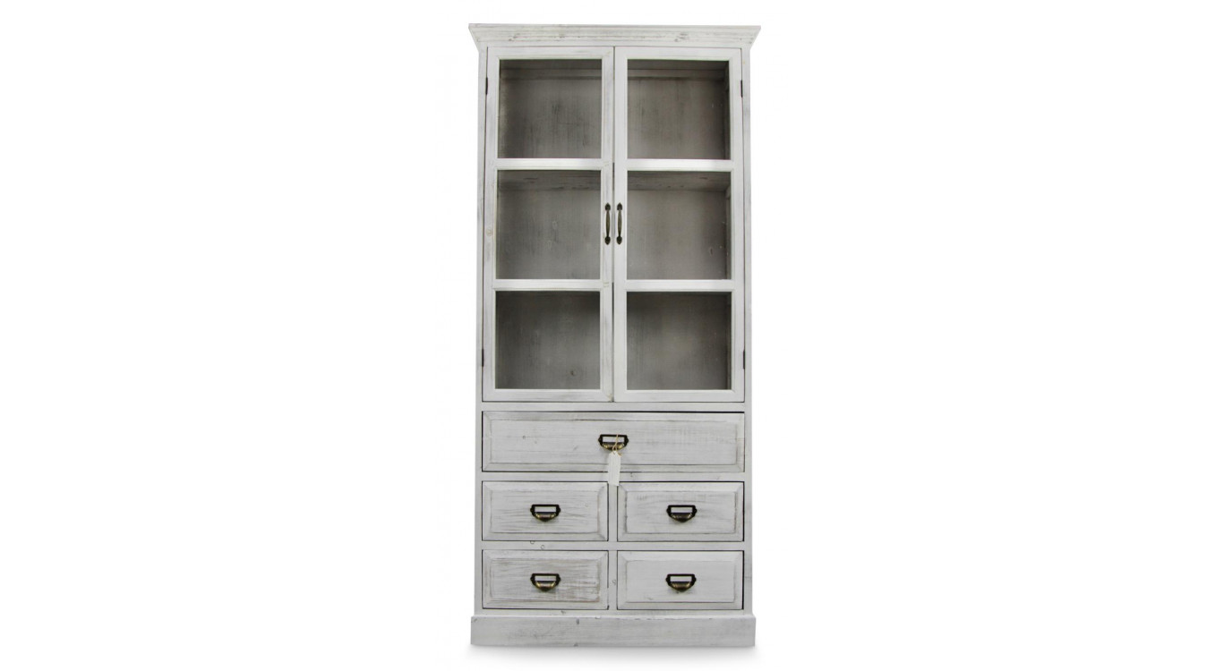 Buffet Vaisselier Rangement Bois 5 Tiroirs Cerusé Blanc 81x35x169cm