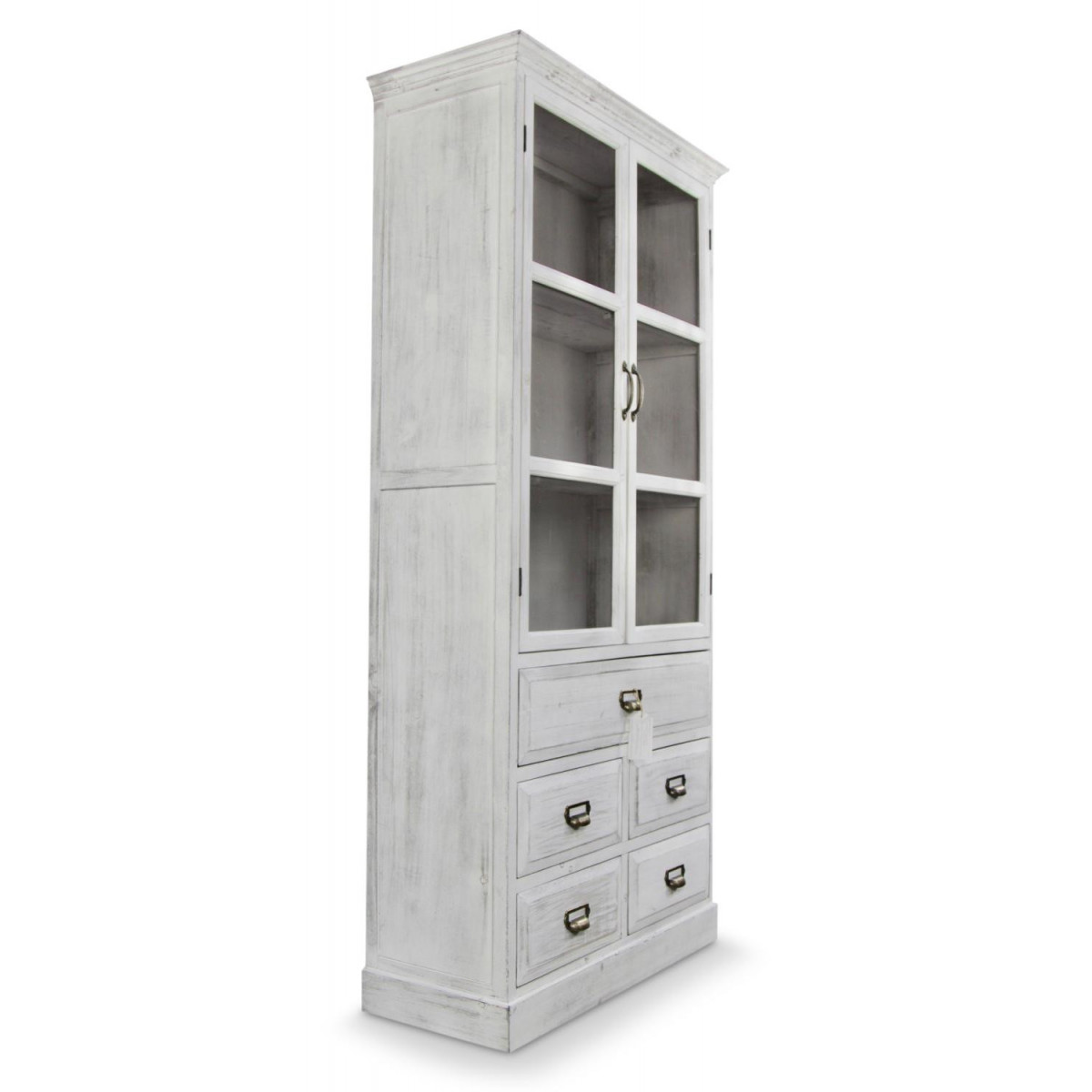 Buffet Vaisselier Rangement Bois 5 Tiroirs Cerusé Blanc 81x35x169cm