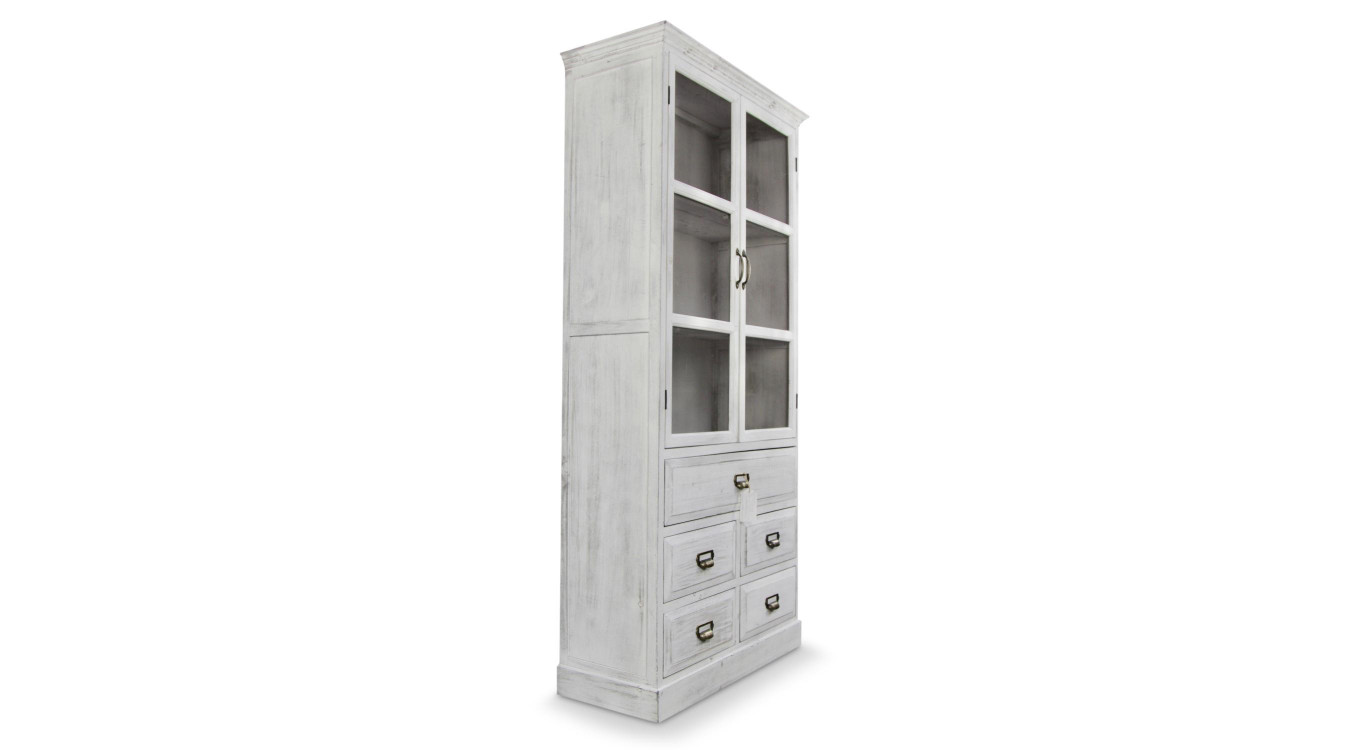 Buffet Vaisselier Rangement Bois 5 Tiroirs Cerusé Blanc 81x35x169cm