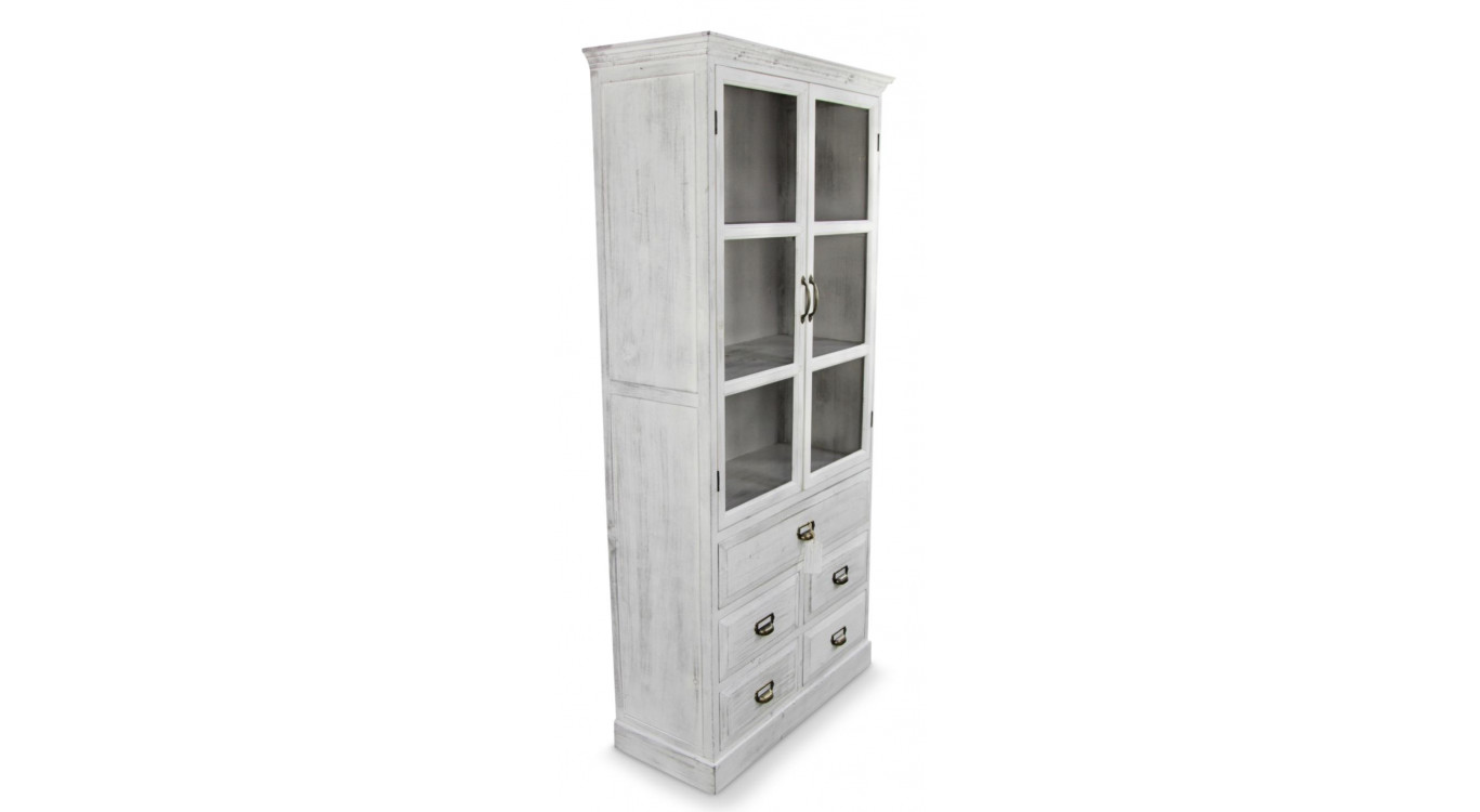 Buffet Vaisselier Rangement Bois 5 Tiroirs Cerusé Blanc 81x35x169cm