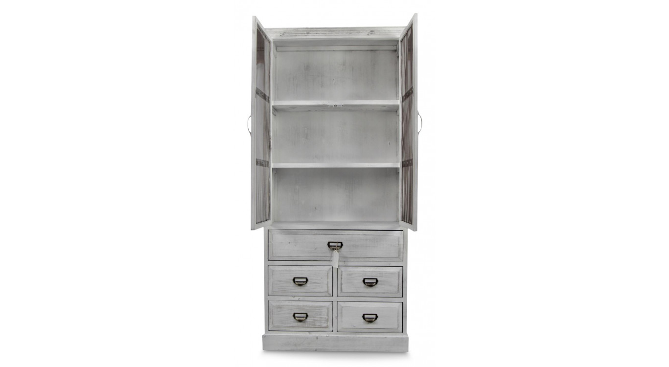 Buffet Vaisselier Rangement Bois 5 Tiroirs Cerusé Blanc 81x35x169cm