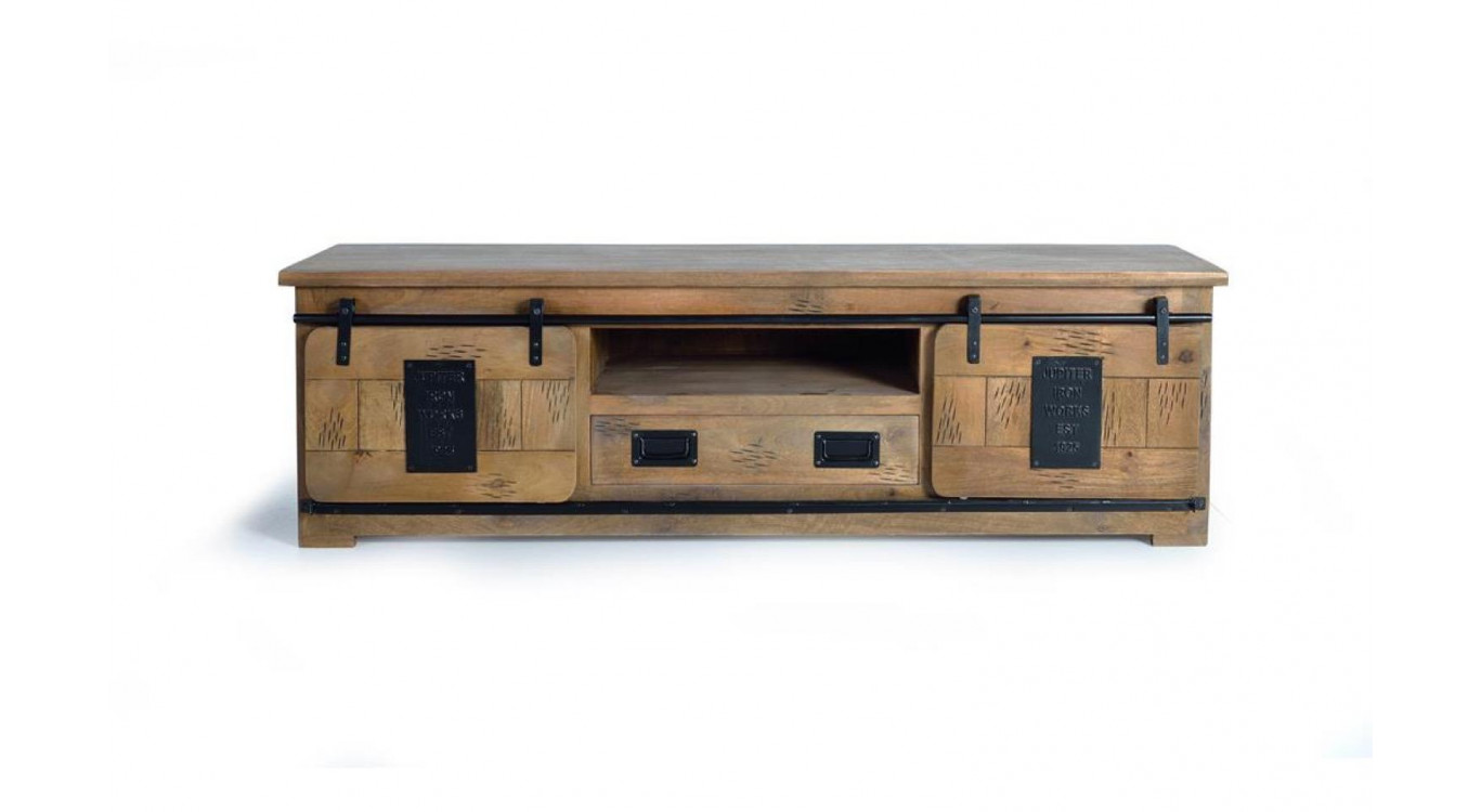 Meuble TV 1 Tiroir Bois, Fer Marron 180x50x55cm