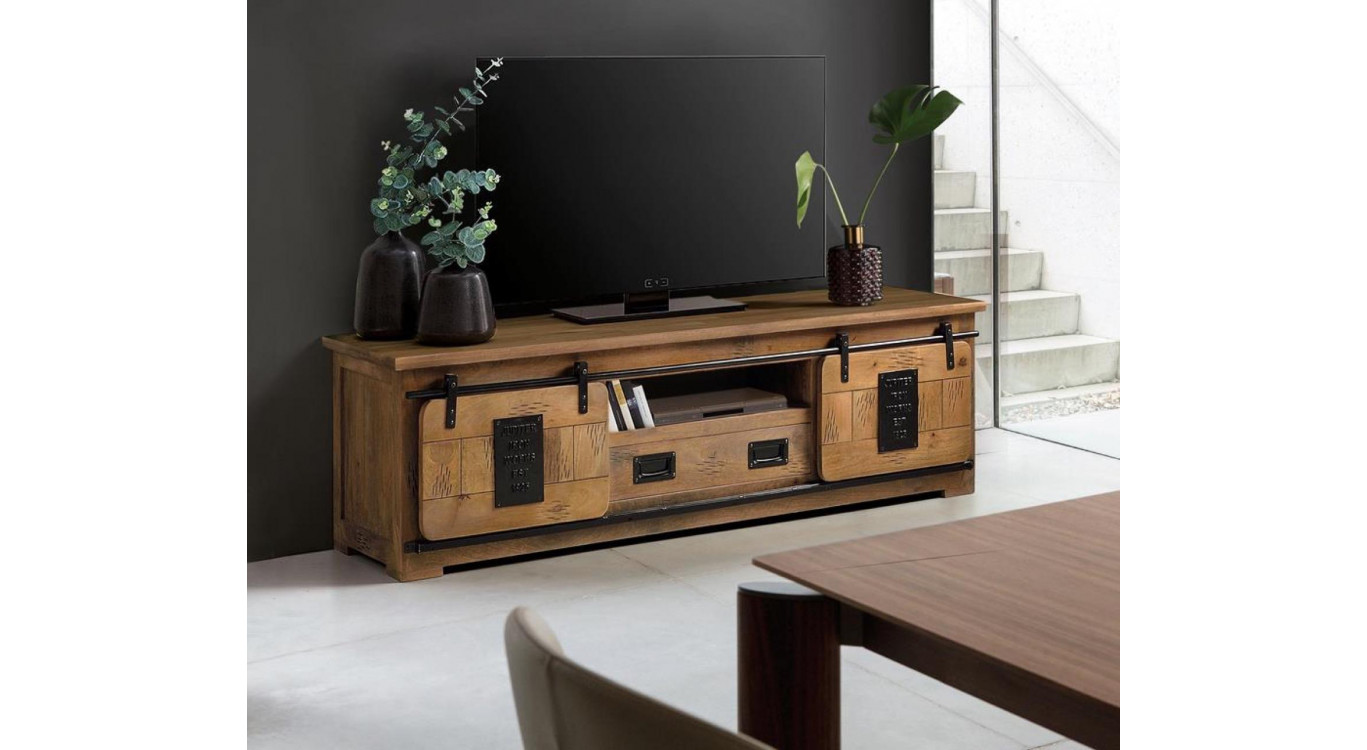 Meuble TV 1 Tiroir Bois, Fer Marron 180x50x55cm