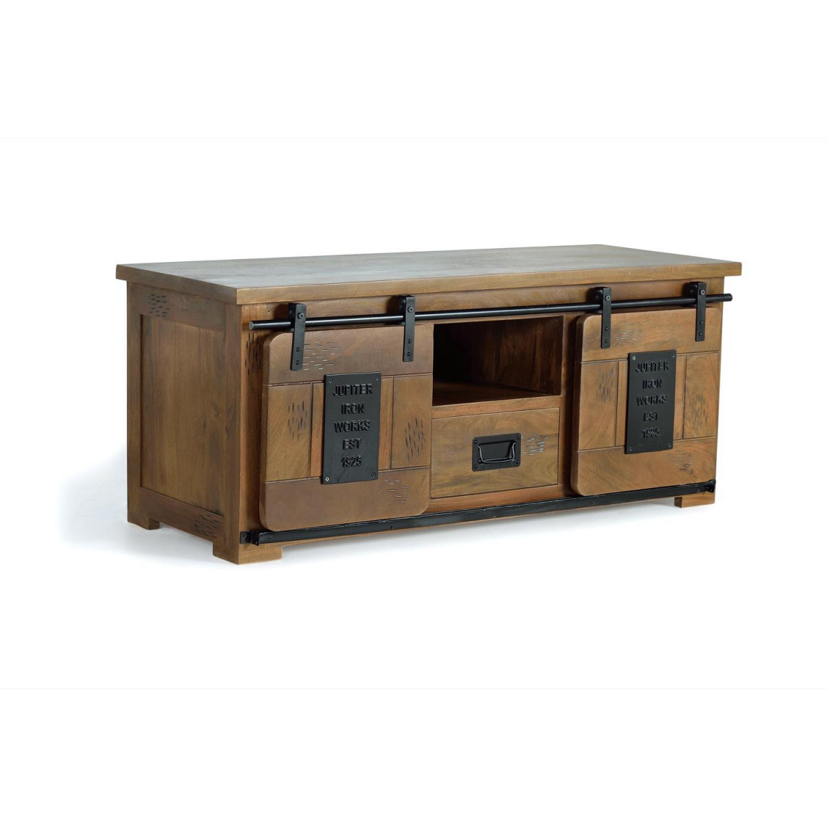 Meuble TV 1 Tiroir Bois, Fer Marron 130x50x55cm