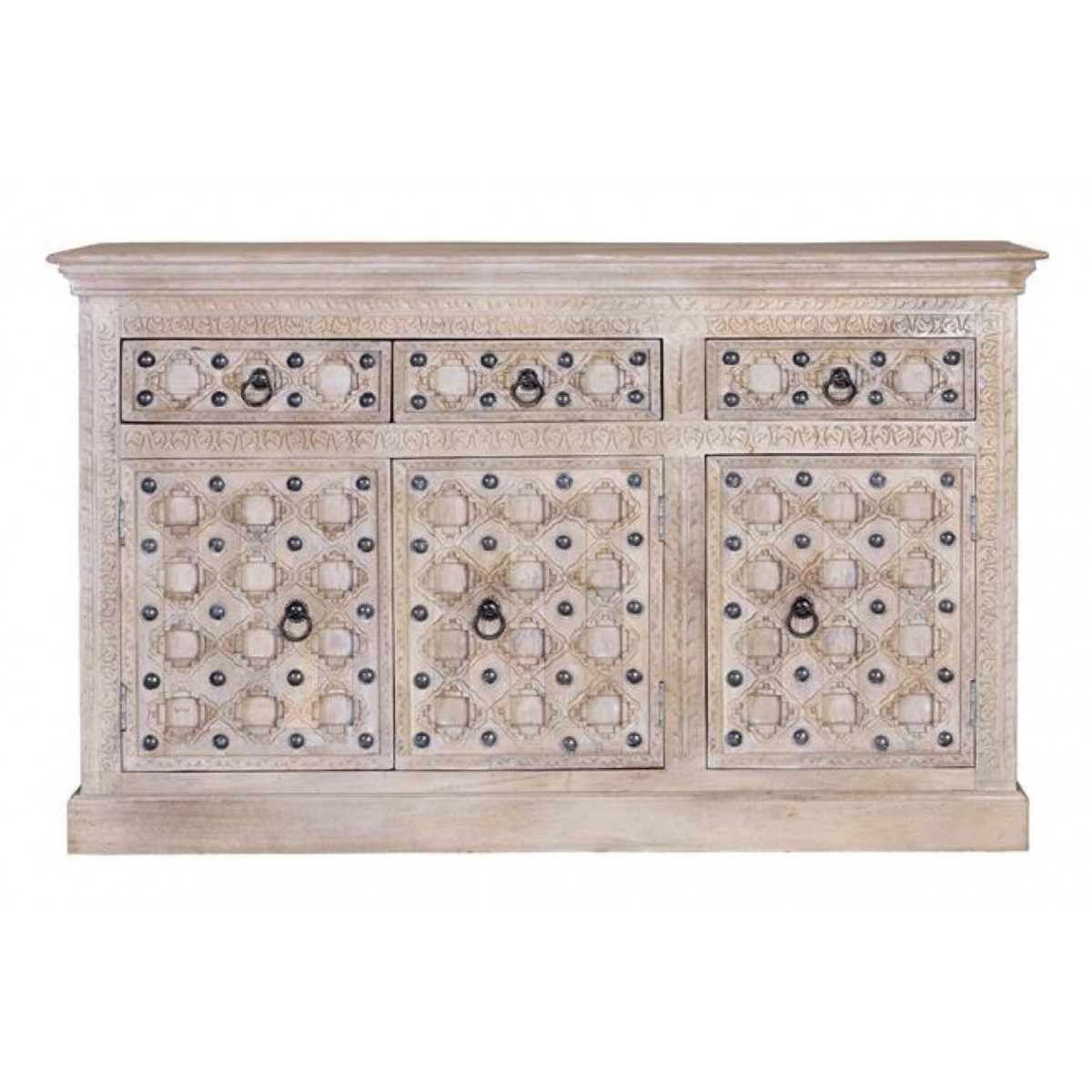 Buffet 3 Tiroirs Bois, Fer Blanc 150x40x92cm