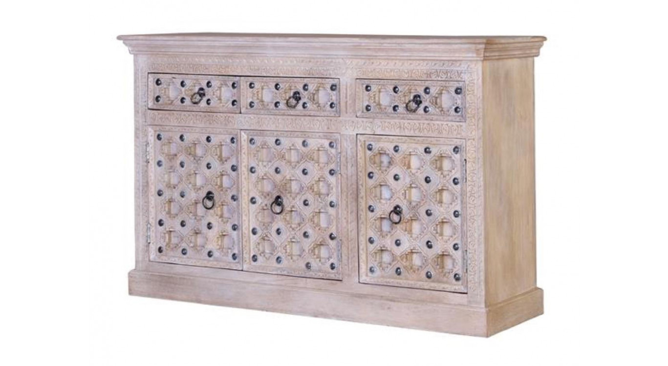 Buffet 3 Tiroirs Bois, Fer Blanc 150x40x92cm