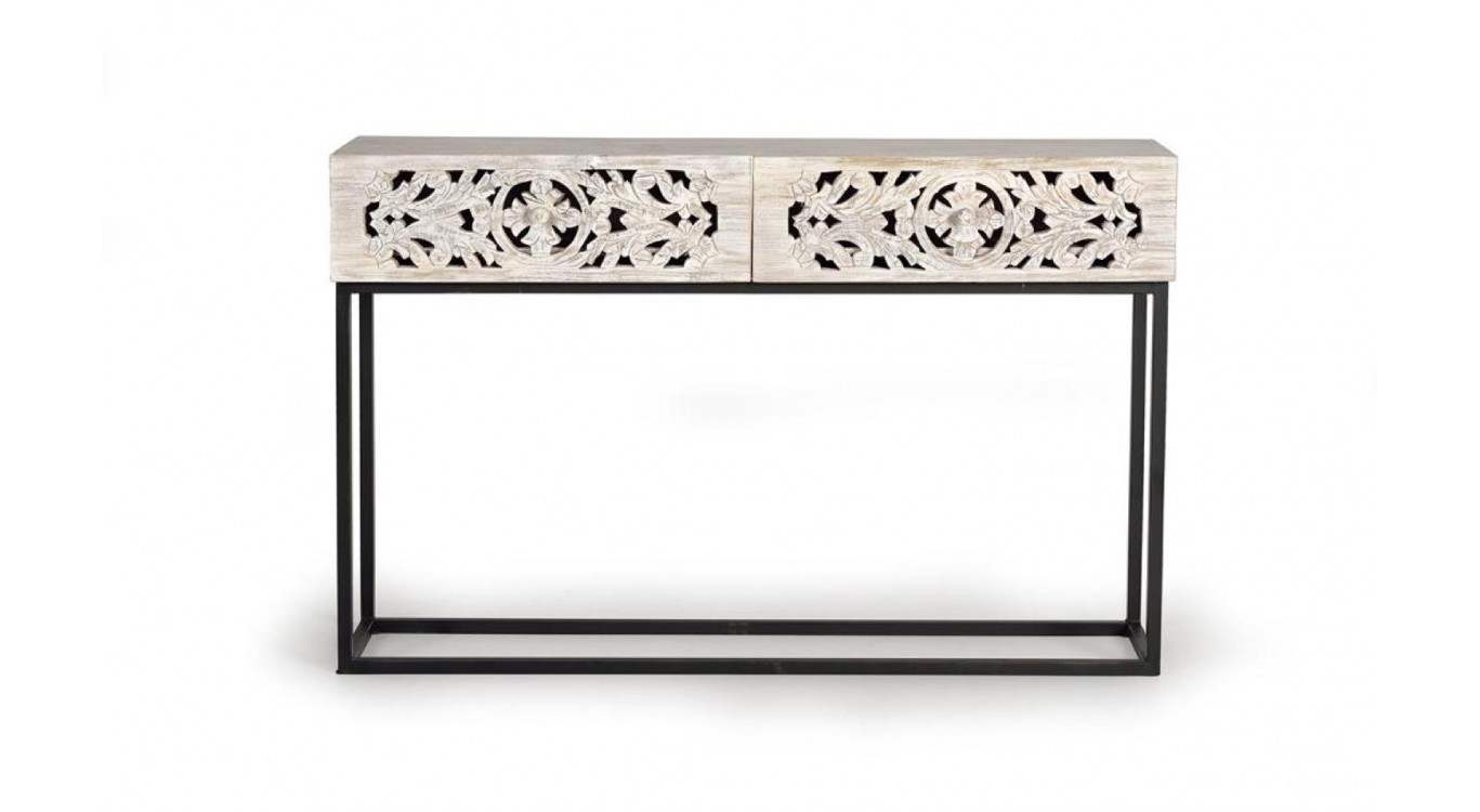 Console 2 Tiroirs Bois, Fer Blanc 120x30x77cm