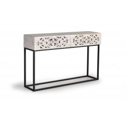 Console 2 Tiroirs Bois, Fer Blanc 120x30x77cm