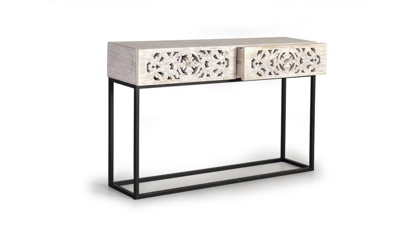 Console 2 Tiroirs Bois, Fer Blanc 120x30x77cm