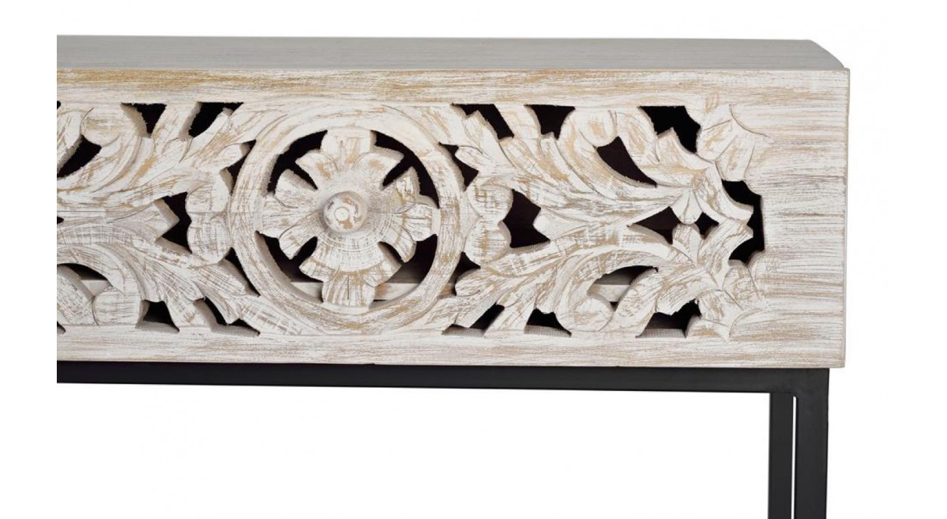 Console 2 Tiroirs Bois, Fer Blanc 120x30x77cm