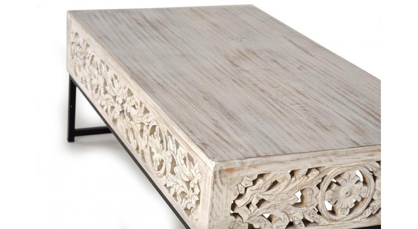 Table Basse Bois, Fer Blanc 110x60x40cm