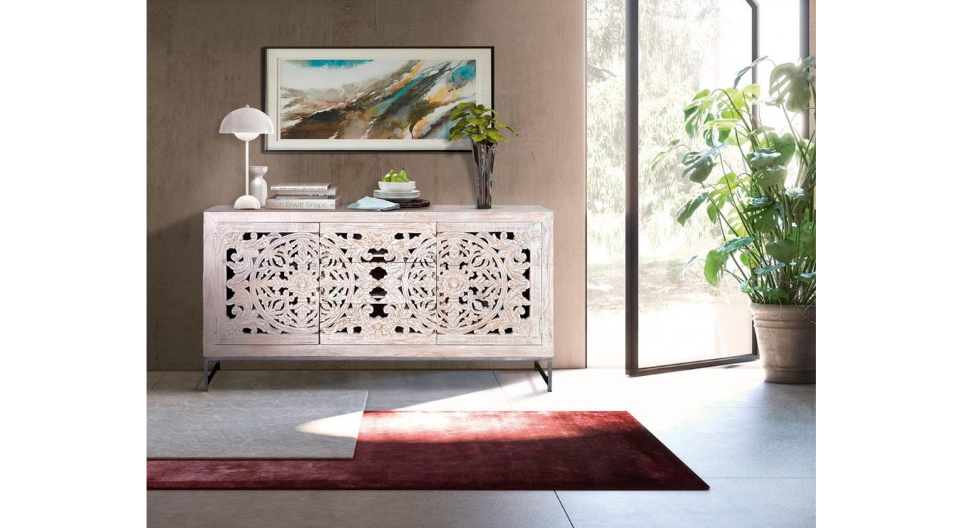 Buffet 3 Tiroirs Bois, Fer Blanc 150x38x80cm