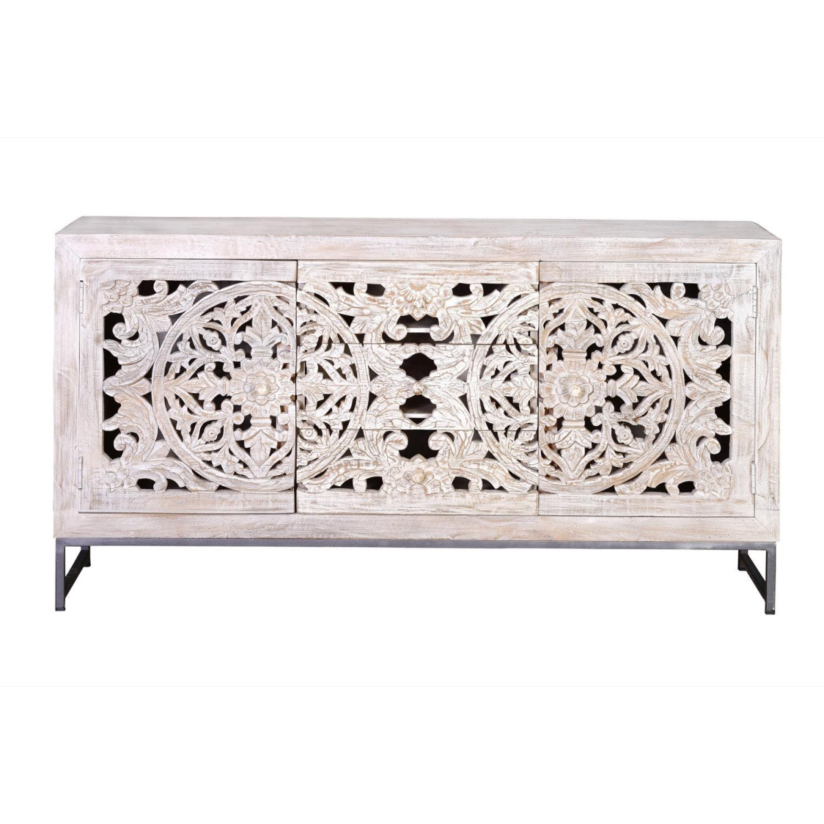 Buffet 3 Tiroirs Bois, Fer Blanc 150x38x80cm