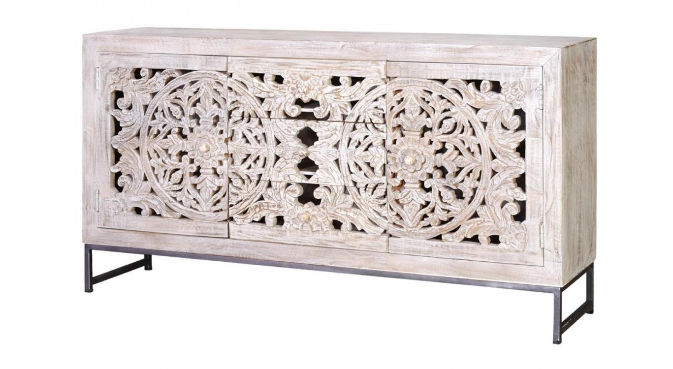 Buffet 3 Tiroirs Bois, Fer Blanc 150x38x80cm