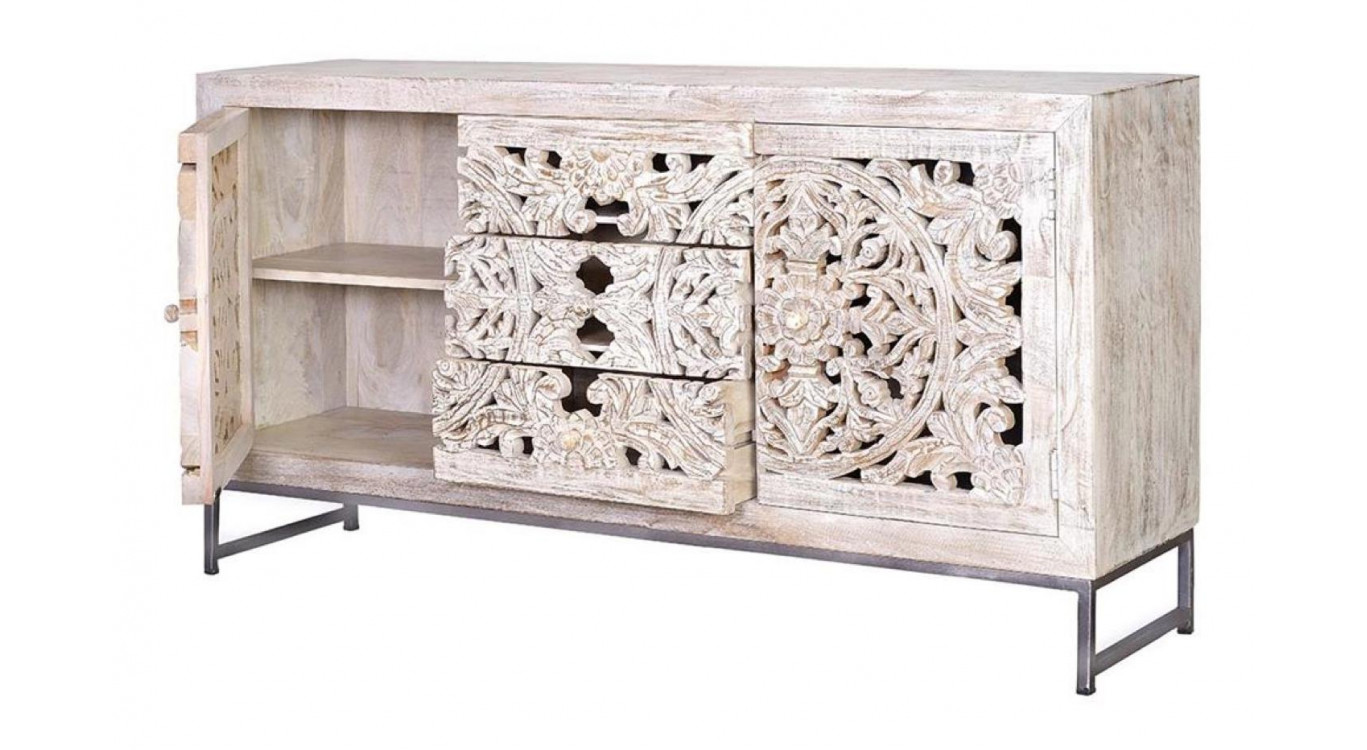 Buffet 3 Tiroirs Bois, Fer Blanc 150x38x80cm