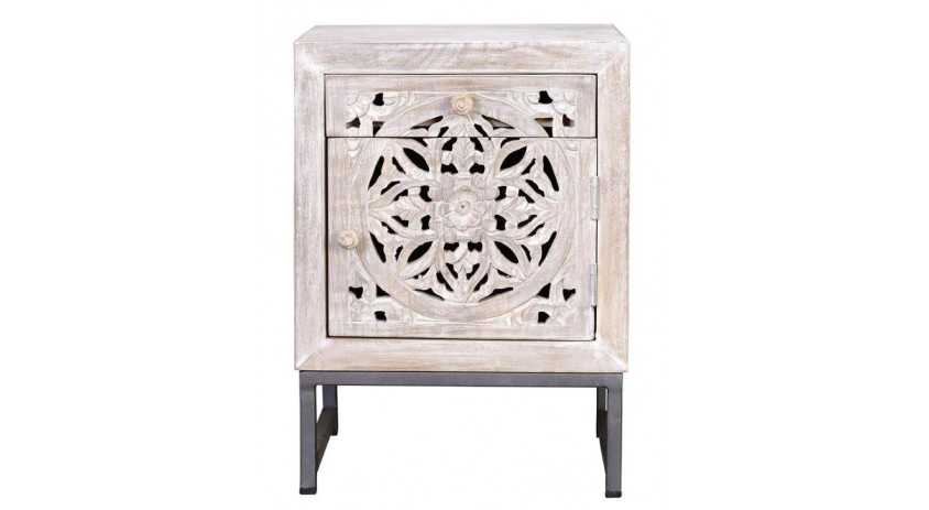 Table De Chevet 1 Tiroir Bois, Fer Blanc 40x35x56cm