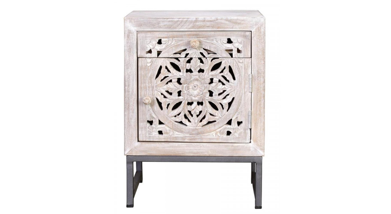 Table De Chevet 1 Tiroir Bois, Fer Blanc 40x35x56cm