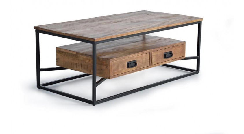 Table Basse 2 Tiroirs Bois, Fer Marron 120x60x45cm