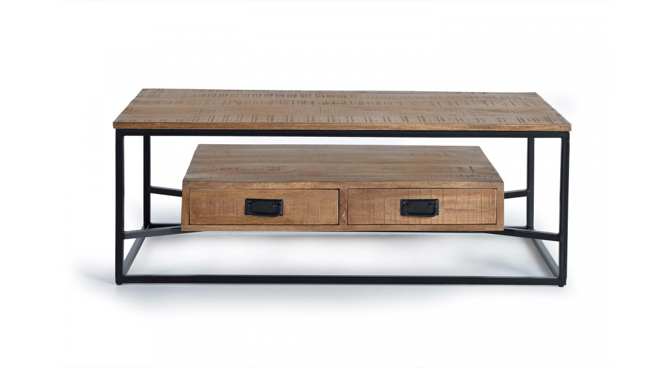 Table Basse 2 Tiroirs Bois, Fer Marron 120x60x45cm