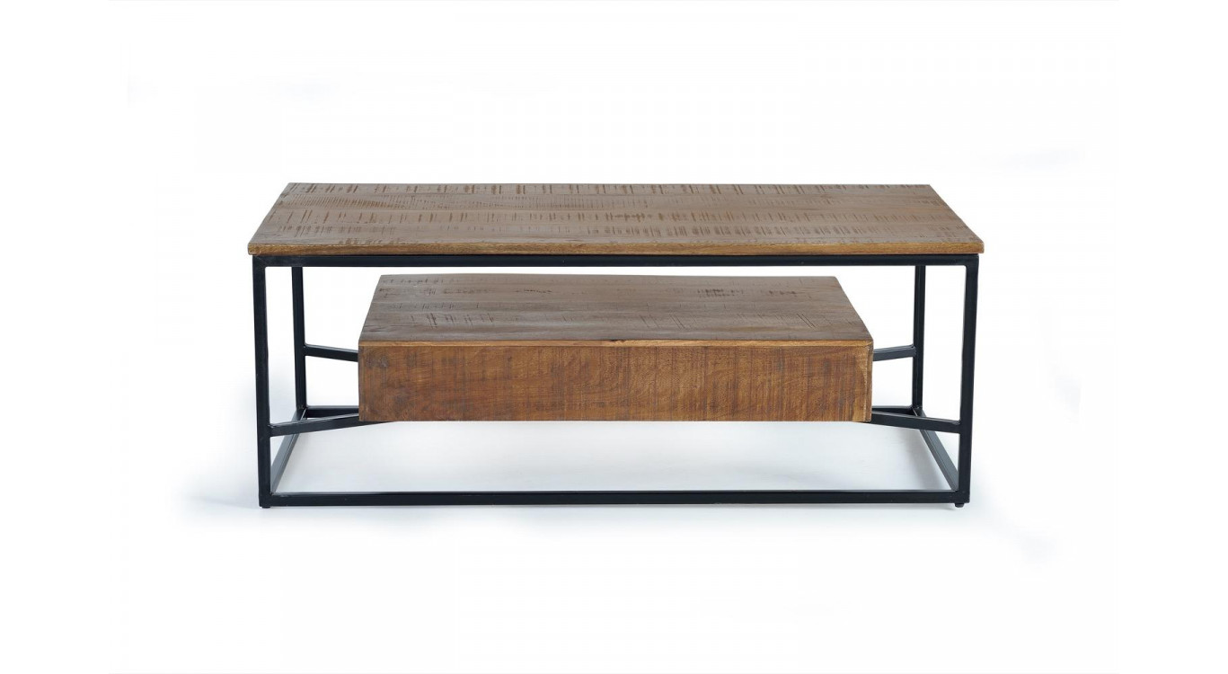 Table Basse 2 Tiroirs Bois, Fer Marron 120x60x45cm