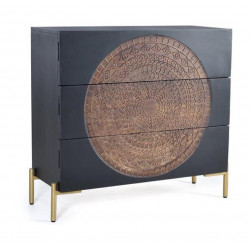 Commode 3 Tiroirs Bois, Fer Noir 95x40x90cm