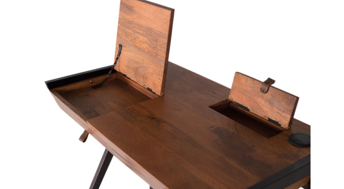 Bureau 2 Tiroirs Bois et Fer Marron 92x51x75cm