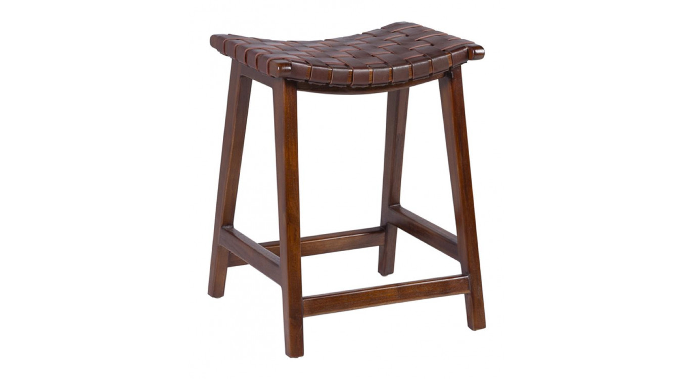 Tabouret Bois Cuir Marron 45x47x60cm