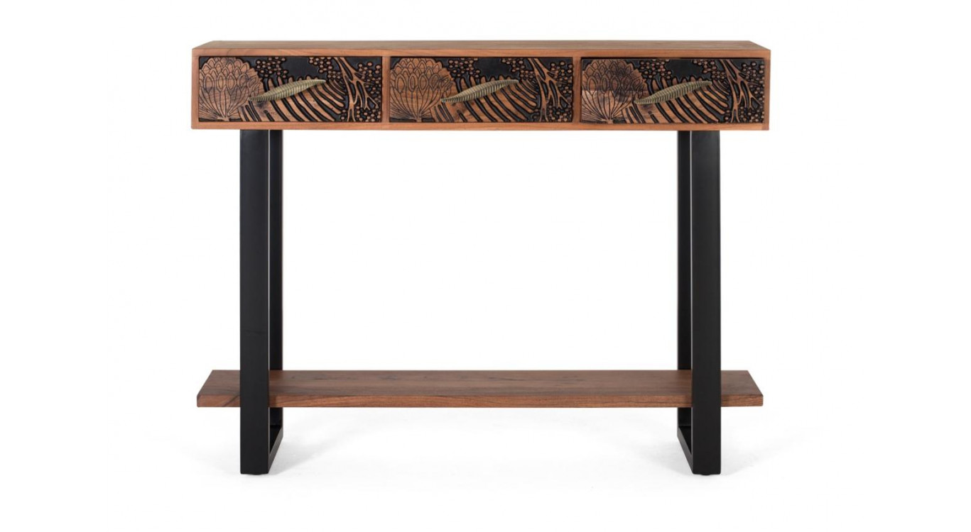 Console 3 Tiroirs Bois Fer Marron 120x35x91cm