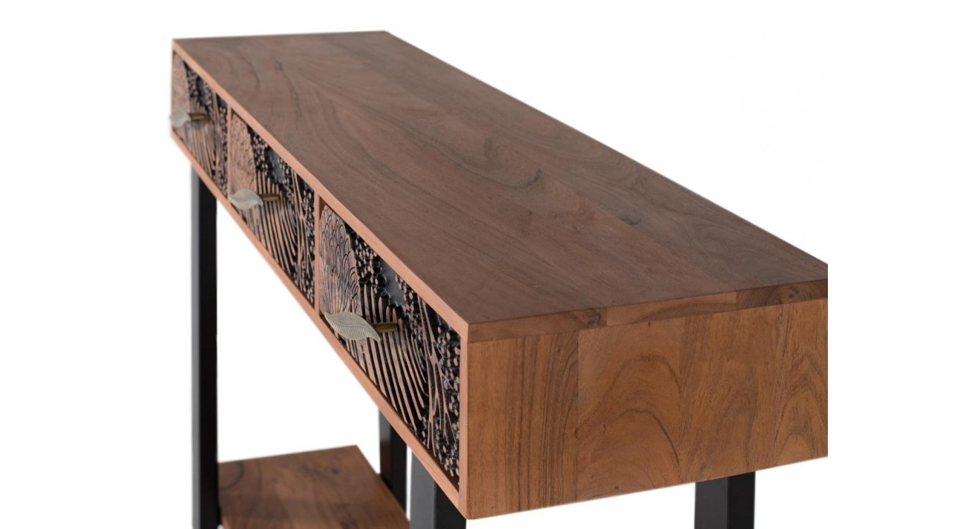 Console 3 Tiroirs Bois Fer Marron 120x35x91cm