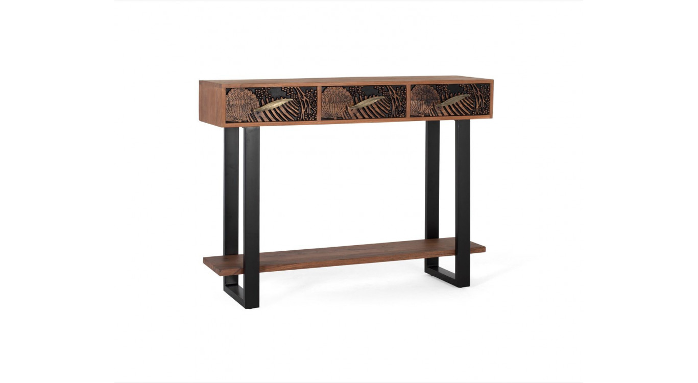 Console 3 Tiroirs Bois Fer Marron 120x35x91cm