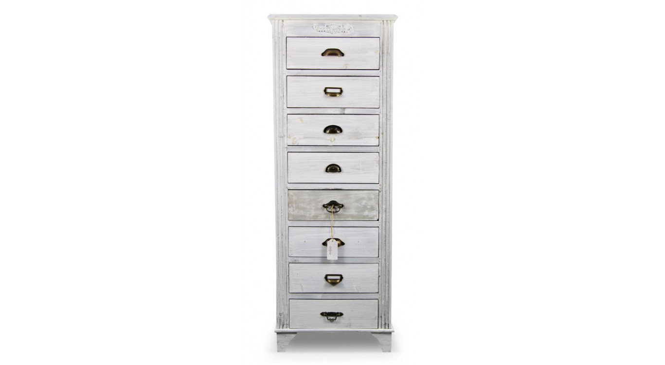 Meuble Semainier Chiffonnier Grainetier Bois Cerusé Blanc 8 Tiroirs 54.5x33x146.5cm