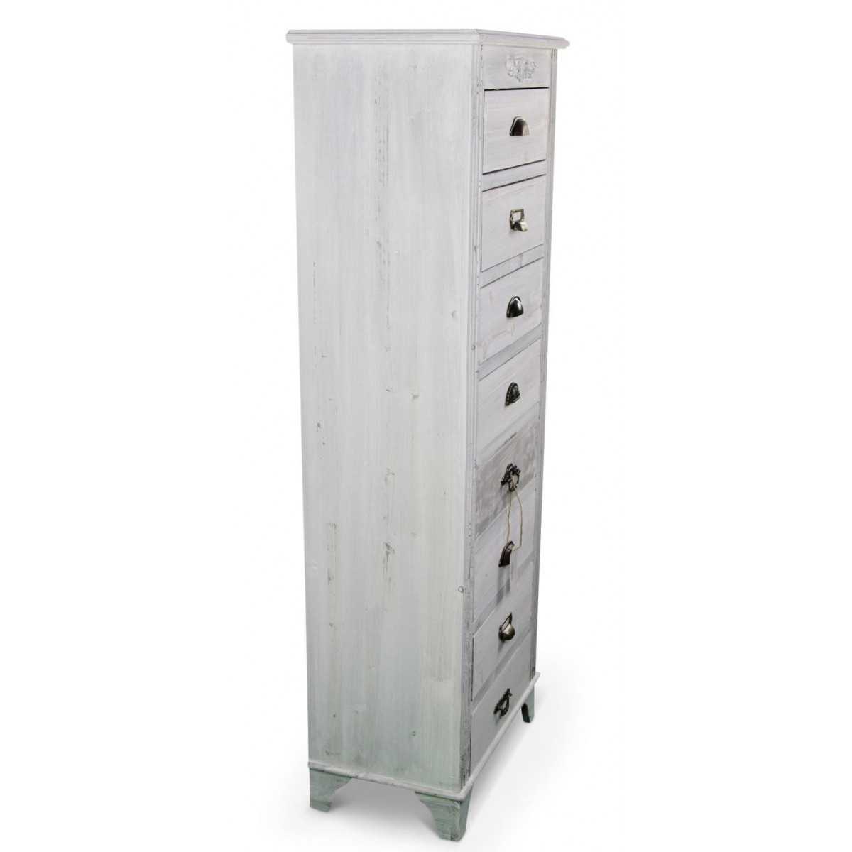 Meuble Semainier Chiffonnier Grainetier Bois Cerusé Blanc 8 Tiroirs 54.5x33x146.5cm