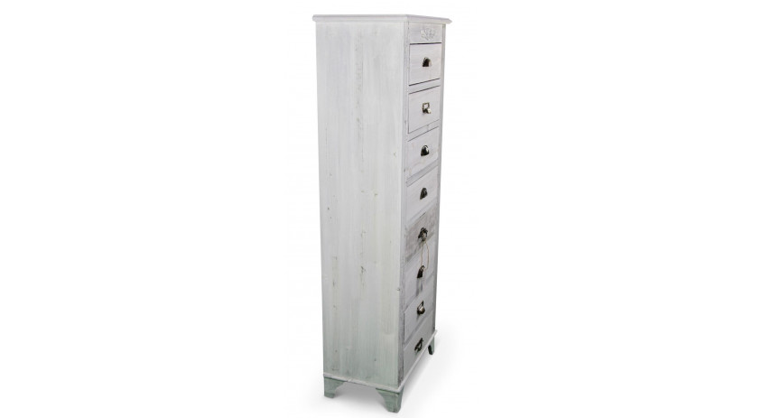 Meuble Semainier Chiffonnier Grainetier Bois Cerusé Blanc 8 Tiroirs 54.5x33x146.5cm