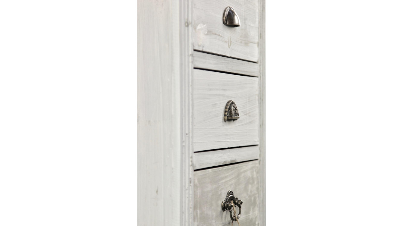 Meuble Semainier Chiffonnier Grainetier Bois Cerusé Blanc 8 Tiroirs 54.5x33x146.5cm