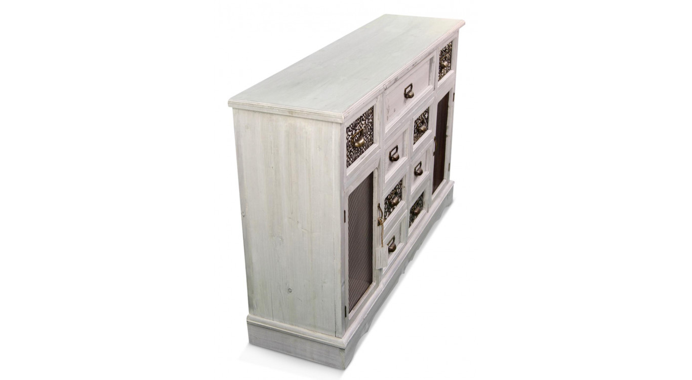 Meuble Bas Rangement Bois Cerusé Blanc 9 Tiroirs 124.5x34x82cm