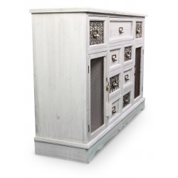 Meuble Bas Rangement Bois Cerusé Blanc 9 Tiroirs 124.5x34x82cm