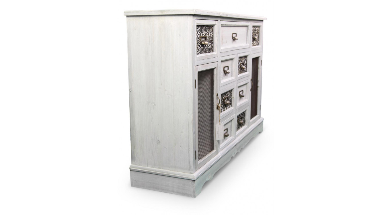 Meuble Bas Rangement Bois Cerusé Blanc 9 Tiroirs 124.5x34x82cm