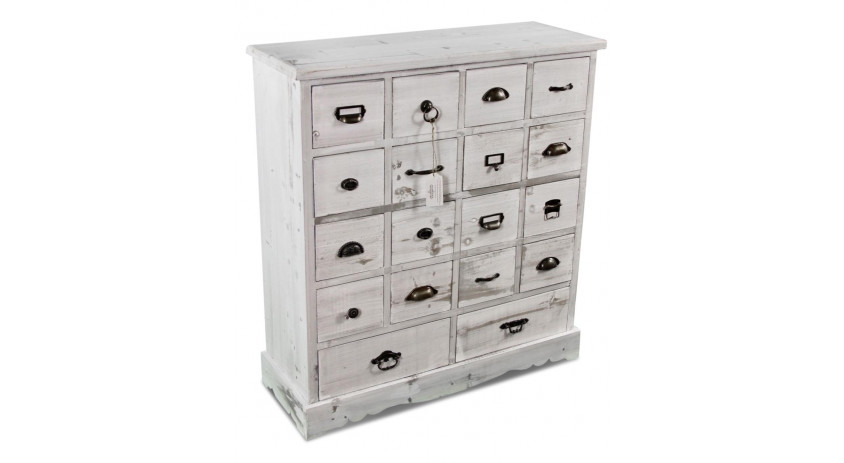 Meuble Semainier Chiffonnier Grainetier Bois Cerusé Blanc 18 Tiroirs 92x34.5x99cm